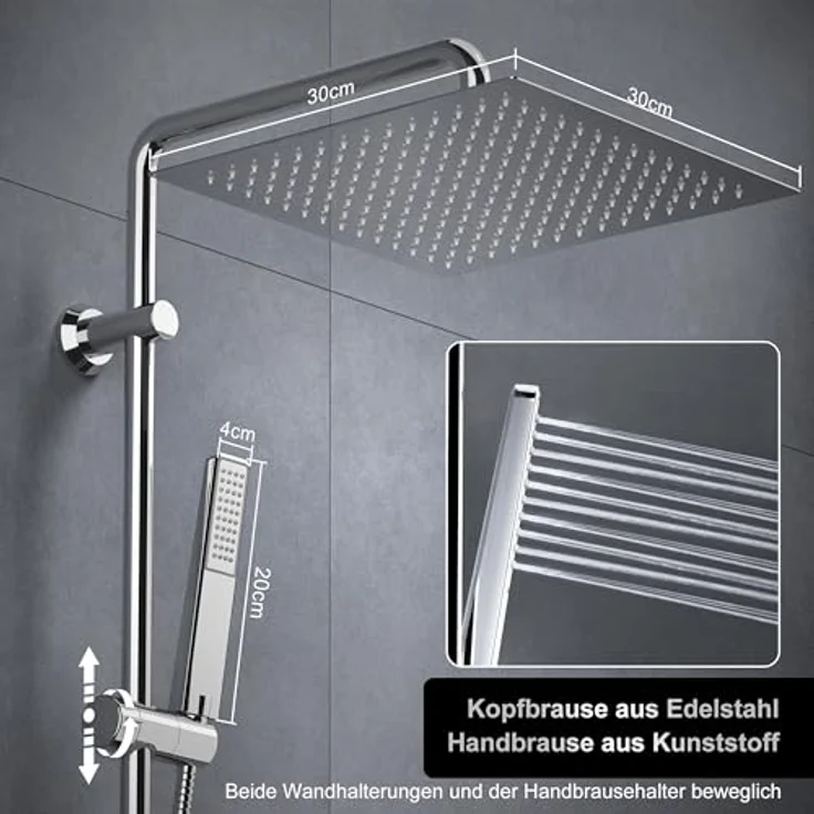 Görbach Edelstahl Duschset, Regendusche 30x30 cm, Duschsystem ohne Armatur, verstellbare Duschstange und Duschablage Chrom – Bild 3