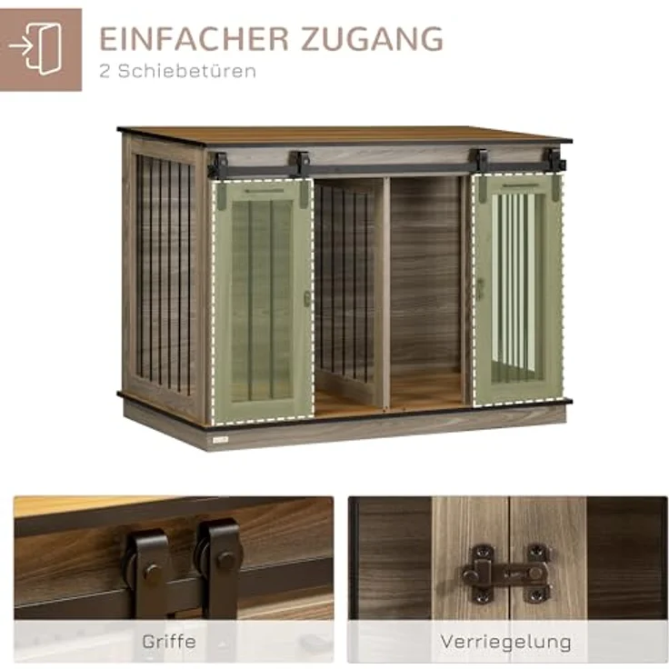 PawHut Hundekäfig, Haustierkäfig, Hundehütte mit Zweiraum-Option für Mittelegroße Hunde, Hundebox mit Doppeltüren, Hundehaus, Eiche, 120 x 60 x 88,5 cm – Bild 5