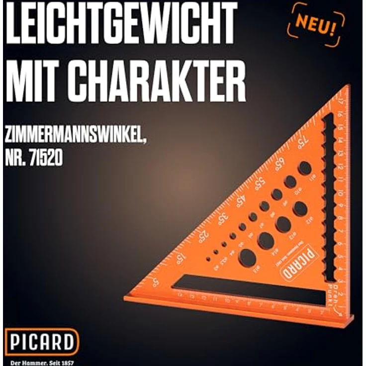 PICARD Zimmermannswinkel 180 mm, Präziser Anschlagwinkel mit Bohrlehre für exakte Anreiß- und Winkelmessungen, Profi Speed Square für Holz- und Möbelbau – Bild 2