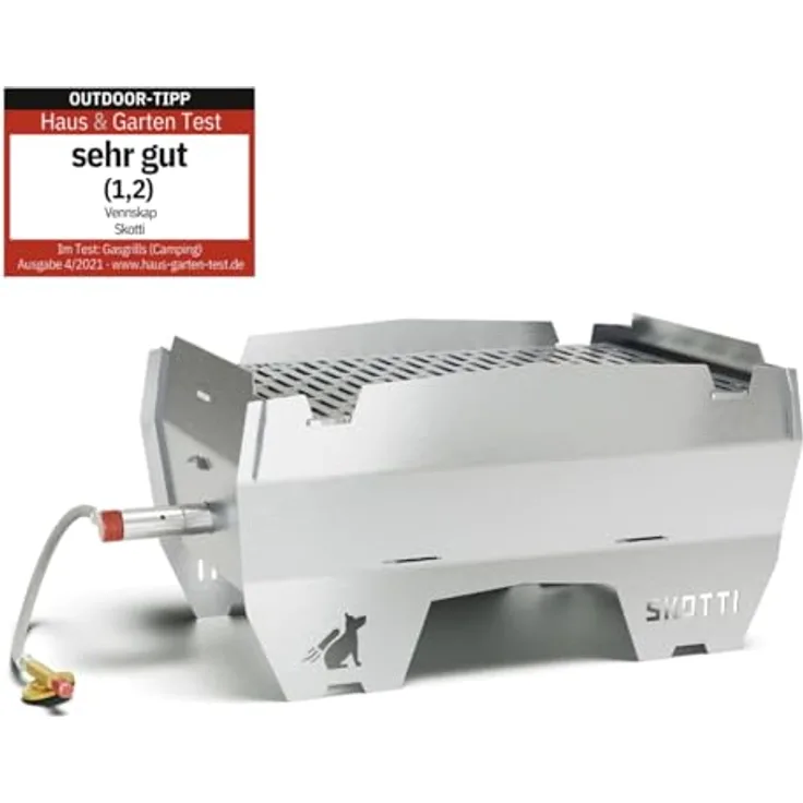 Skotti Mobiler Gas Grill inkl Transporttasche, Original Made in Germany, unverwüstlich, Stecksystem, Edelstahl Tischgrill klappbar, Holzkohlegrill nutzbar, Gasgrill