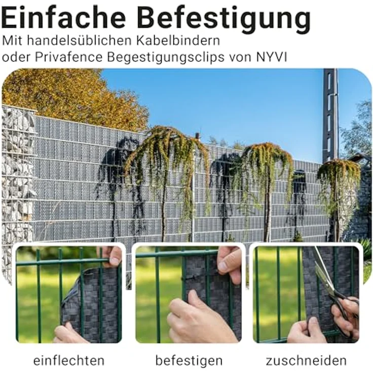 NYVI Polyrattan Sichtschutzstreifen Privafence, blickdicht, 255 x 19 cm, grün, 10 Rollen (25,5 Meter) für Doppelstabmatten-Zaun, wetterfest und UV-resistent – Bild 5