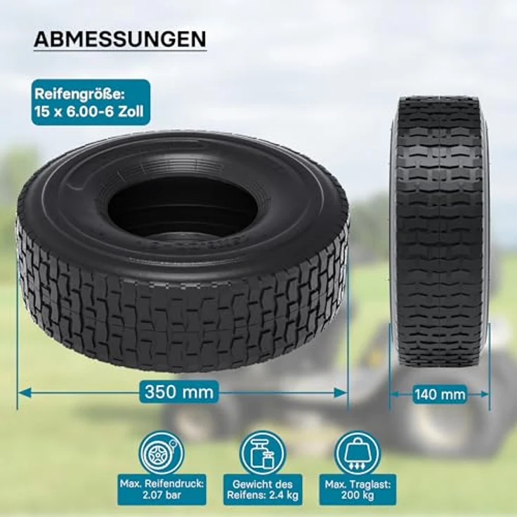 Wiltec - Mantel Rasenmäherreifen Reifendecke Rasentraktor Aufsitzmäher Rasenmäher Zugkarren 15x6.00-6 4PR – Bild 4