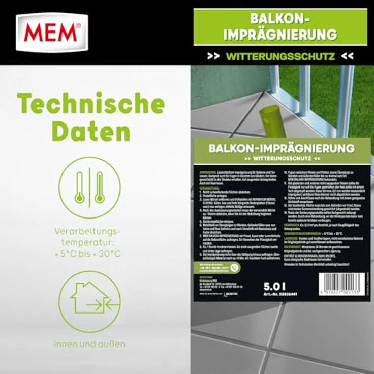 MEM Balkon-Imprägnierung, transparente lösemittelfreie Abdichtung für saugende Untergründe, wasserabperleffekt, 5 l, milchig-weiß – Bild 3