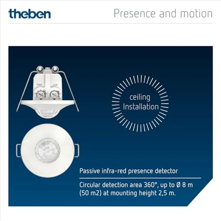Theben thePiccola S360-100 DE WH, Passiv-Infrarot-Bewegungsmelder für Deckenmontage, 360° Erfassungsbereich, IP 55, Teach-in Funktion – Bild 2