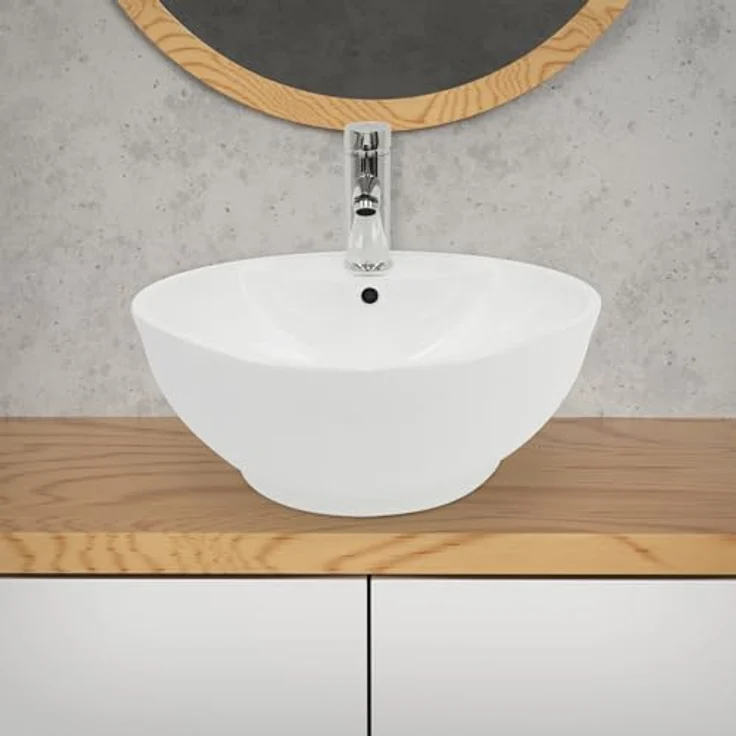 ecd germany Waschbecken Rundform 455x455x185 mm, weiß, aus Keramik - inkl. Ablaufgarnitur mit Überlauf – Bild 4