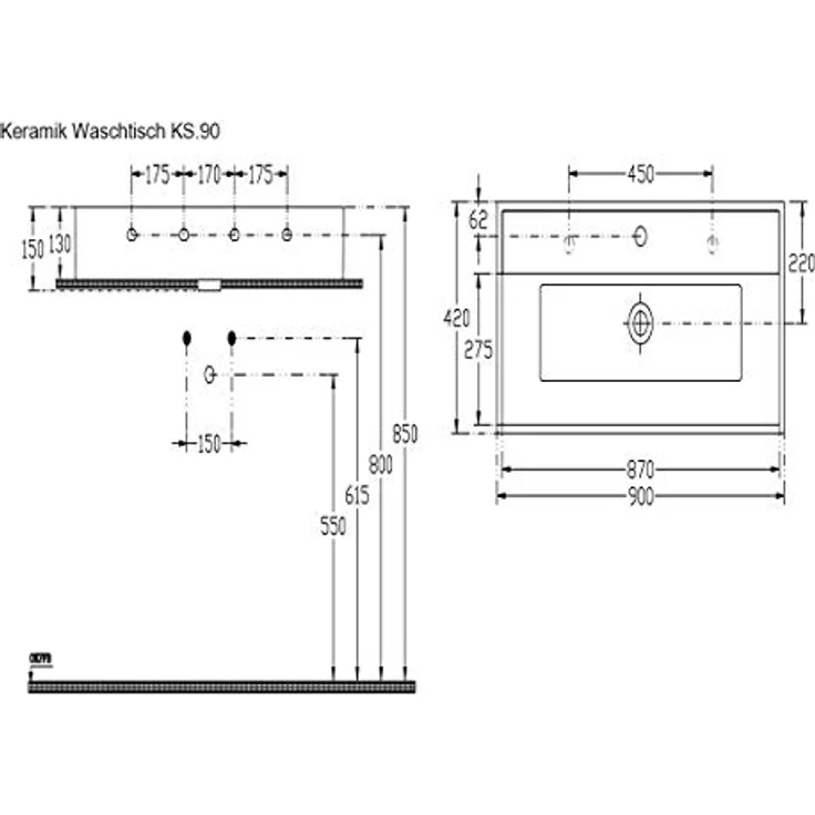 Aqua Bagno | Eckiges Design Waschbecken, hochwertige Keramik, Aufsatzwaschbecken, dünner Rand, Badezimmer | 900 x 420 mm – Bild 5