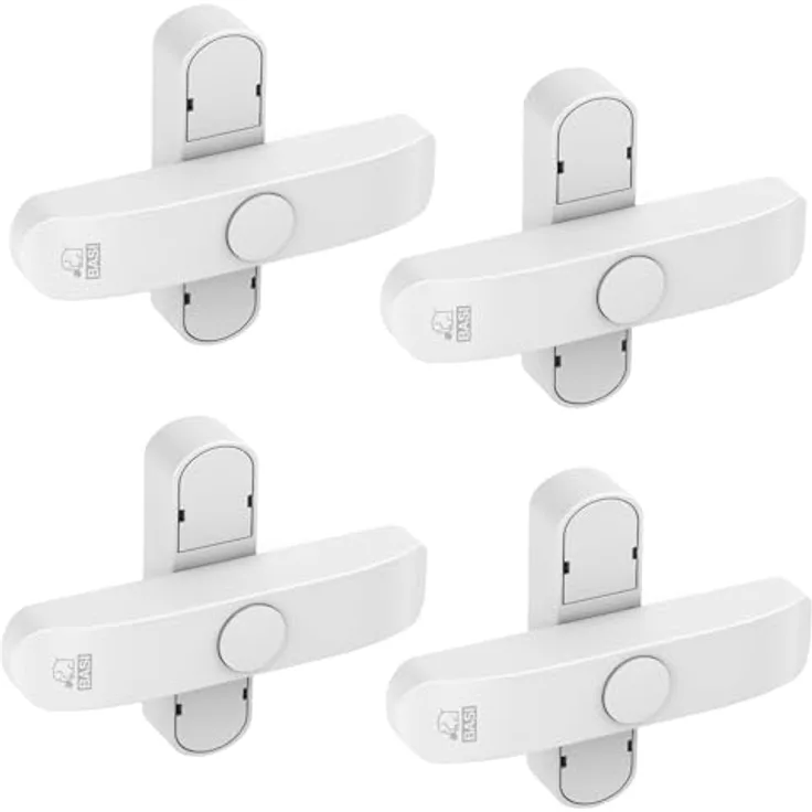 BASI | Fenstersicherung 4er Set | Weiß Braun | Zusatzsicherung für doppelflügelige Fenster Fenstertüren | verriegelbar mit Druckknopf | Schwenkriegel | Einbruchschutz | Farbe Weiß | 4 Stück - Preisvergleich