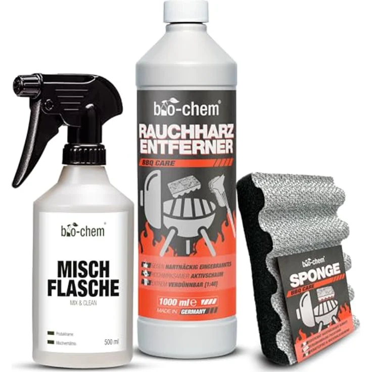 bio-chem Rauchharz-Entferner, 1000 ml Konzentrat für Grill und Backofen, inkl. Mischflasche und Reinigungsschwamm, extrem kraftvolle Formel für Edelstahl und Gusseisen – Bild 1