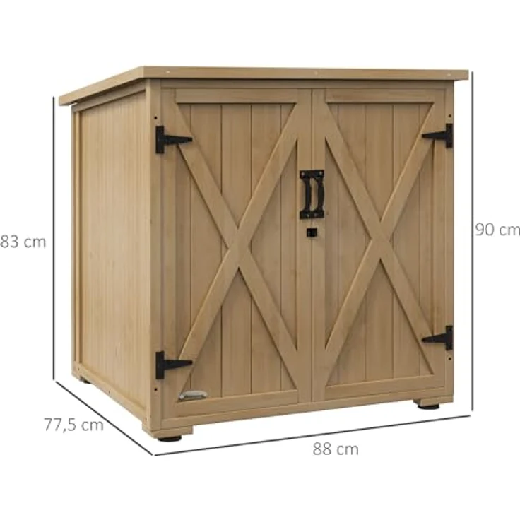 Outsunny Gartenschrank, Wetterfester Geräteschuppen aus Holz, Doppeltür, Naturfarben, 77,5 x 88 x 90 cm – Bild 5
