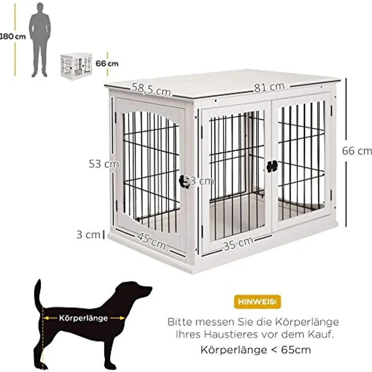 PawHut Hundehütte Hundehaus Transportbox Kleintierkäfig für Innen Hundebox Tierkäfig Haustier MDF Metall Weiß 81 x 58,5 x 66 cm – Bild 3