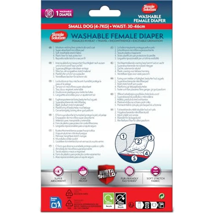 Simple Solution Waschbare Hunde Windeln S, super-absorbierend für Hündinnen 4-7 kg mit repositionierbaren Verschlüssen und Schwanzloch – Bild 2