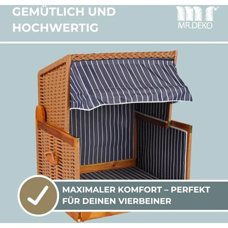 MR. DEKO® Hundestrandkorb Wacholder PE Beige, Dessin blau gestreift, wetterfest mit Sonnenschutz, integrierten schwenkbaren Futternapf und Edelstahlwassernapf, für Hunde und Katzen, Maße 80 x 65 x 95 cm – Bild 2