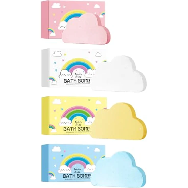 Crsetmyth Rainbow Clouds Badebomben, 4x120g Bunte Badekugeln mit ätherischen Ölen für Entspannung und Feuchtigkeit, perfekt für Damen und Herren – Bild 1