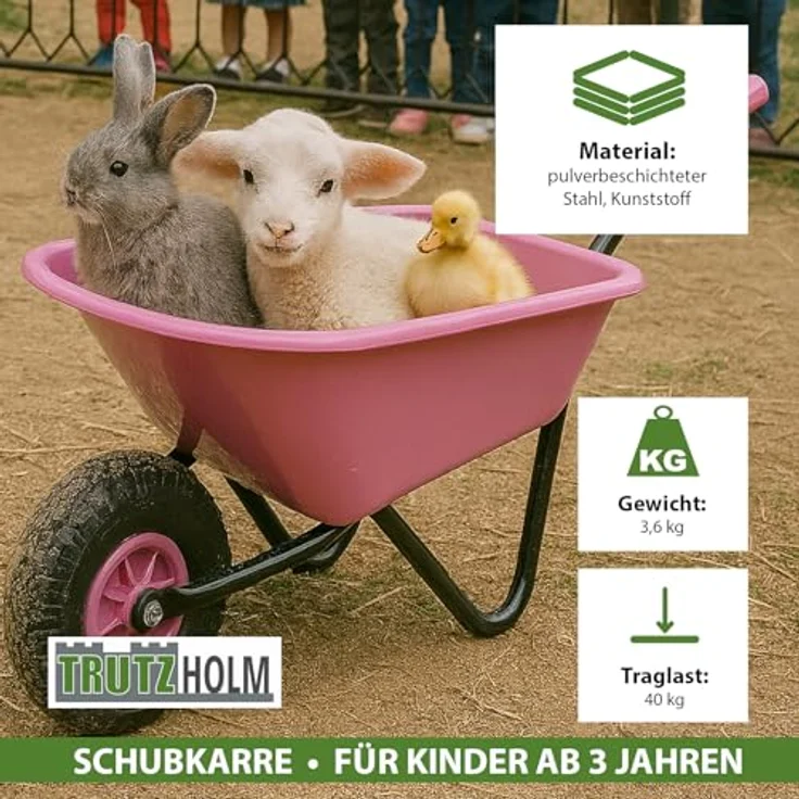 TRUTZHOLM Kinderschubkarre Uni, 40 kg Traglast, 3,6 kg leicht, Stahl-Kunststoff, rosa, mit Vollgummirad für Garten und Sandkasten – Bild 3