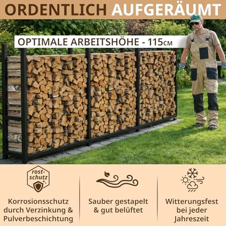 LAWA Living and Lifestyle Kaminholzregal außen, schmal 25 cm tief, verzinkt, 335x25x115 cm, Stapelhilfe für 25-33 cm Scheite, Schwarz, stabil und witterungsbeständig – Bild 3