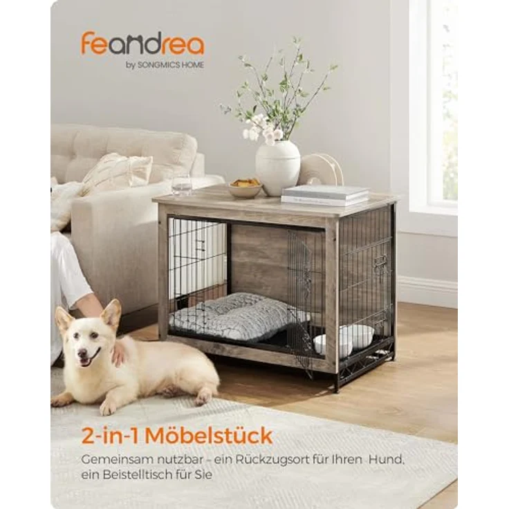 Feandrea Hundekäfig Möbel, Beistelltisch, Hundebox, Moderne Hundehütte Indoor für Hunde bis zu 20 kg, hochbelastbar, Greige PFC002G01 – Bild 2