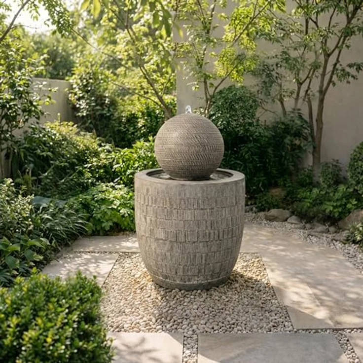 Köhko Gartenbrunnen Kugelbrunnen, moderner Zierbrunnen mit strukturierter Oberfläche und kaltweißer LED-Beleuchtung, 62 cm Höhe – Bild 2