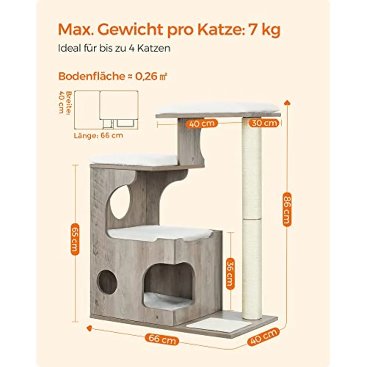 Feandrea Kratzbaum, 86 cm hoher Katzenbaum, Spanplatten-Katzenkratzbaum,  mit Hhle, Liegeflchen, Sule und Sisal-Kratzmatte, waschbare  Plschkissen, Greige-wei PCT070G01: Tests, Infos & Preisvergleich