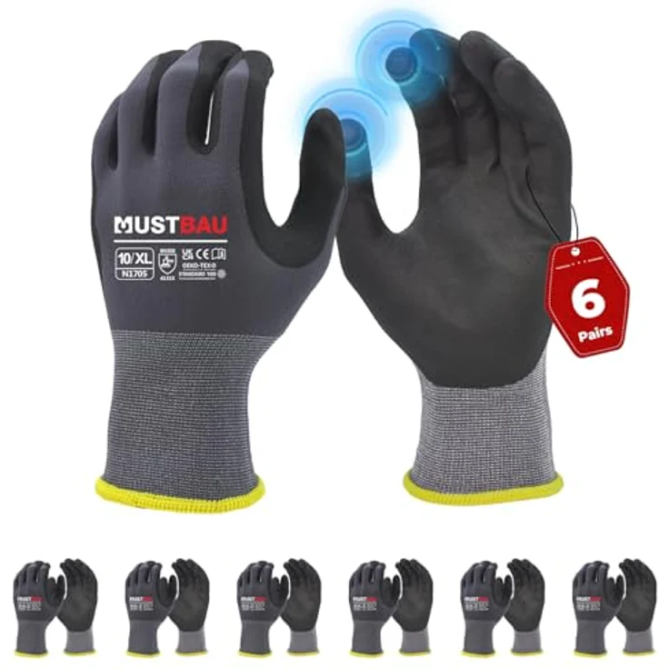 Mustbau Arbeitshandschuhe Schwarz, Nitril Beschichtung mit Touchscreen-Funktion, Gr. XL, 6 Paare für Montage, Mechanik und Gartenarbeit – Bild 1