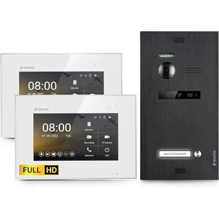 Balter EVO HD Video-Türsprechanlage, Komplettset für Einfamilienhaus mit 2x 7 Zoll Touchscreen Monitoren, Schwarz, Full HD-Kamera und Nachtsicht – Bild 1