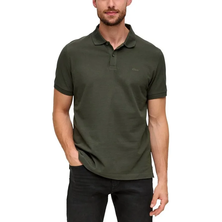 s.Oliver Poloshirt mit Logostickerei, Baumwolljersey, hüftlang, basic, Rippbündchen, Rundhalsausschnitt, Navy