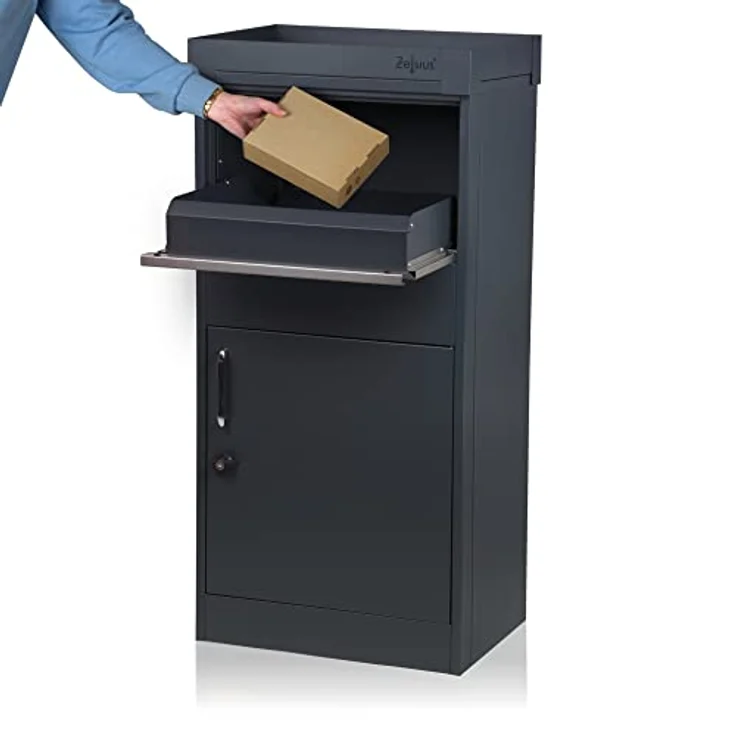 Zelsius Paketbriefkasten Pluto, pulverbeschichteter Stahl RAL7016 Anthrazit mit Edelstahl Elementen, integrierte Rückholsperre und Pflanzbeet, Bodenmontage – Bild 2