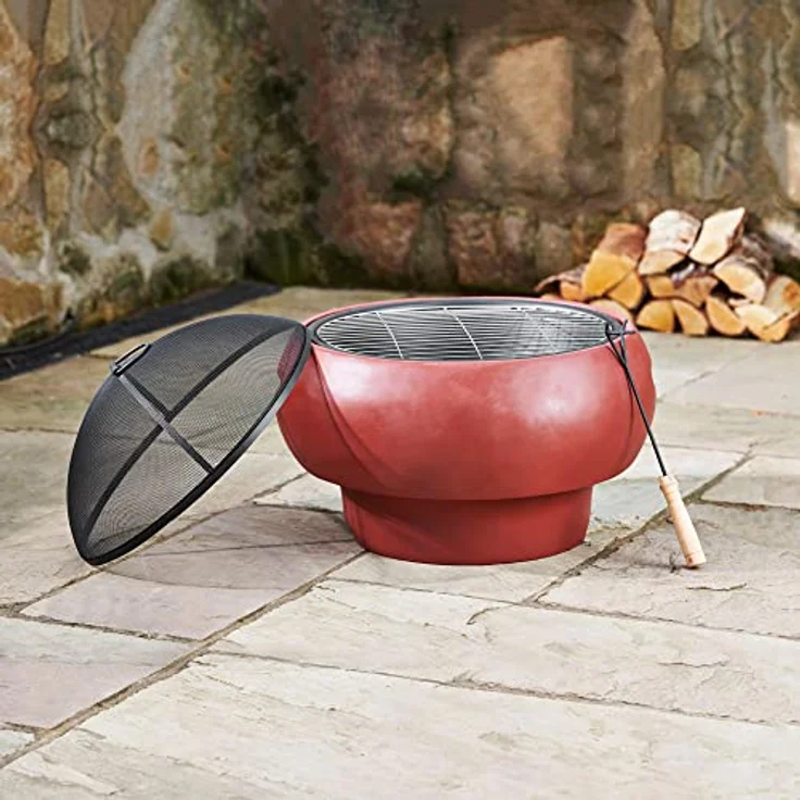 Teamson Home Garten Kleine, Runde Holzfeuerstelle, Gartenmöbel, Kaminofen, Feuerstellenheizung, Feuerschale, Holzbrenner mit Schürhaken, Grill und Deckel, Rot – Bild 3