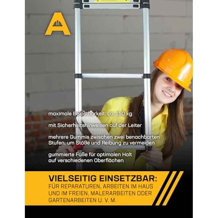 ANDIARBEIT Höhenangst Teleskopleiter aus Aluminium, kompakt & faltbar, max. Belastbarkeit 150 kg, rutschfeste Sprossen & gummierte Füße, für Haus & Garten, 2,6 m. – Bild 4