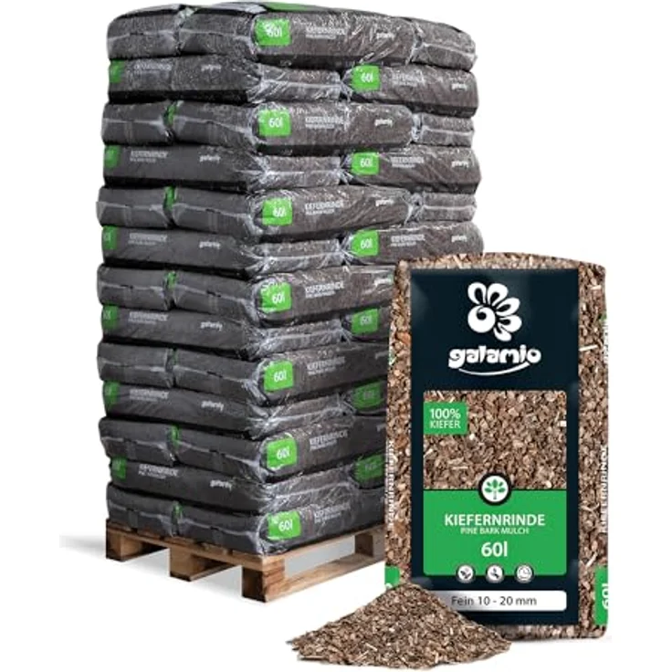 GALAMIO Kiefernrinde Kiefernmulch, Dekorativer Rindenmulch aus Naturmaterial, rotbraun, Körnung 10-20mm, 60l x 39 Säcke pro Palette, 2.340l, pH-Wert 5,10, langlebig und unkrauthemmend – Bild 1