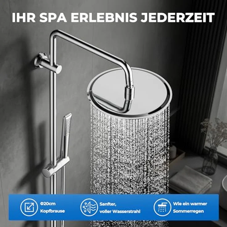 Görbach Regendusche Duschsystem, Edelstahl Duschstange verstellbar 92 cm, 20 cm Brausekopf Chrom – Bild 2
