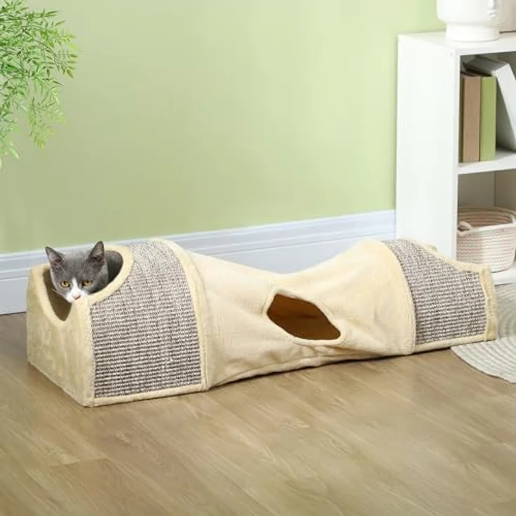 PawHut Katzentunnel Spieltunnel mit 2 Häuschen, 3 Öffnungen, Faltbar Tiertunnel für Katzen bis 6 kg, Indoor, Beige - Komfortabler Tierspielzeugtunnel für vielseitigen Spielspaß – Bild 2