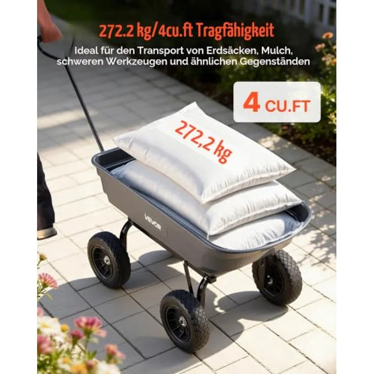 VEVOR Gartenwagen mit Kippfunktion, 272kg belastbarer Transportwagen mit 270° drehbarem Griff, 10 Zoll Kunststoffreifen, für Rasen, Kies & Schlamm – Bild 2