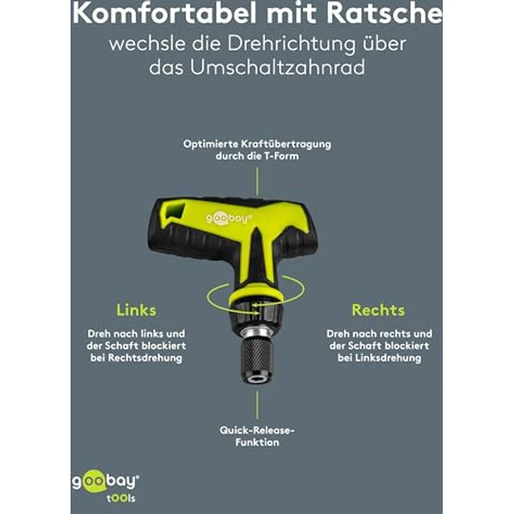 goobay Schraubendreher-Set 30-teilig, T-Griff-Ratsche mit Quick-Release, S2-Stahl-Bits, Stecknüsse und Verlängerung für Montage- und Reparaturarbeiten – Bild 5