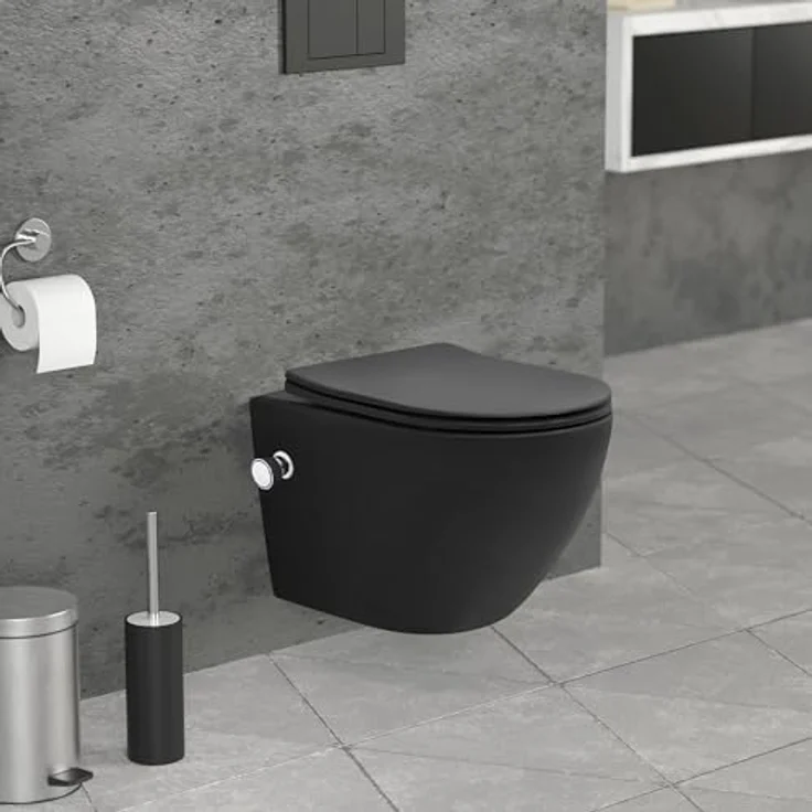 LuxeBath Wand WC Spülrandlos mit Bidet-Funktion Schwarz matt kurz 49cm, Tiefspüler Tornadospülung Keramik Hänge WC Dusch WC mit Nano Beschichtung, Kloschüssel Hängend WC-Sitz Absenkautomatik abnehmbar – Bild 1