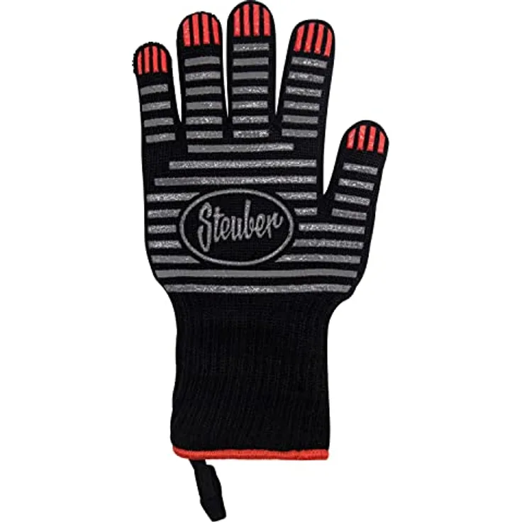 Steuber Premium Line Grillhandschuh extra langer Bund, bis 250°C, Universal-Größe, Baumwolle-Polyester mit Silikon-Antihaft-Streifen, schwarz