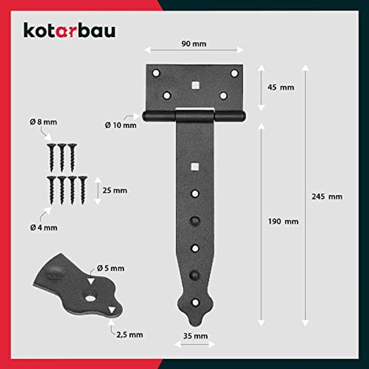 KOTARBAU® 2er Set Kreuzgehänge - 200 mm T Scharniere aus pulverbeschichtetem Stahl, Schwarz - Schwerlast-Gartentor- und Türscharniere für Holztüren, korrosions- und UV-beständig, einfache Montage – Bild 5