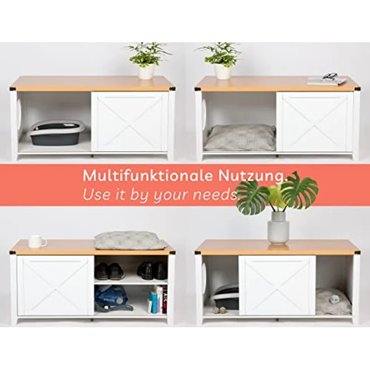 needs&wants® Katzenschrank groß für Katzentoilette XXL aus Holz mit Schuhschrank Sitzkommode, Katzenklo-Schrank Kommode, Design Katzenhaus Toilette Klo, 110 x 50 x 53 cm, weiß braun – Bild 2