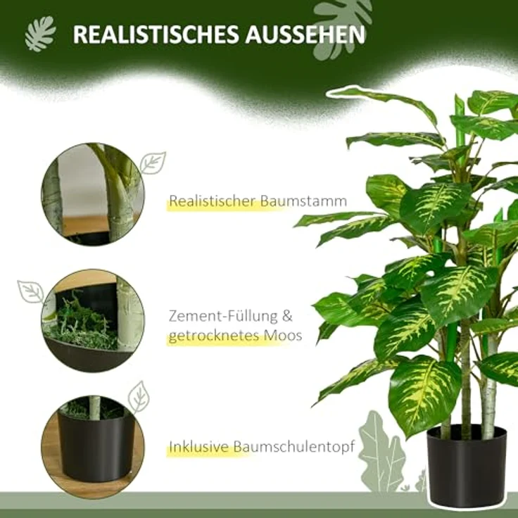 HOMCOM Künstliche Dieffenbachie 95 cm, Kunstpflanze im Zementtopf mit grün-gelben Blättern für Wohnzimmer und Garten – Bild 4
