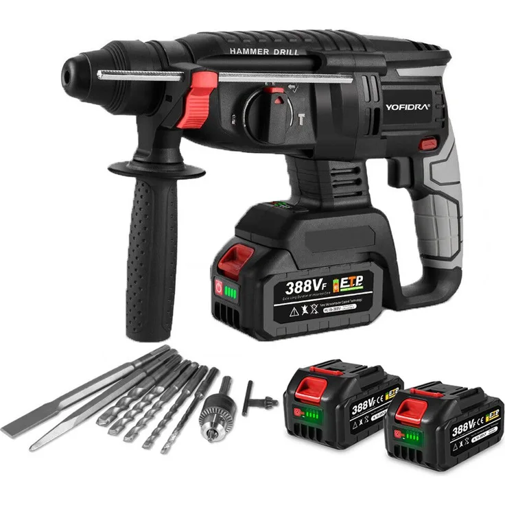 ONEVAN Akku-Bohrhammer SDS-plus, 4 in 1 Funktionen mit 2x 3000mAh Akkus und Ladegerät, Anti-Vibrationsgriff für Beton und Mauerwerk