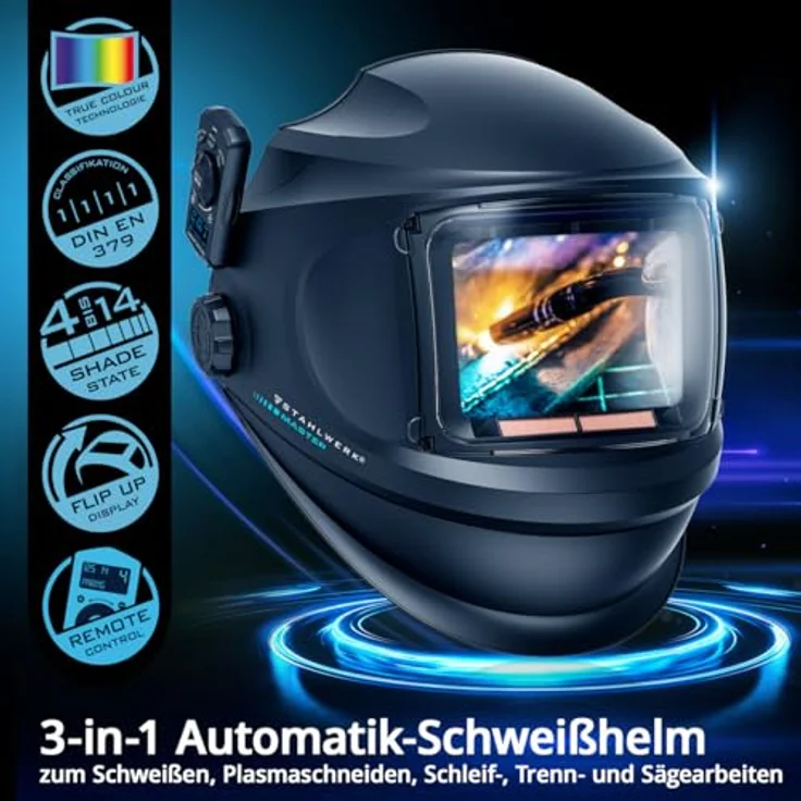 STAHLWERK Automatik-Schweißhelm MASTER 3-in-1, True-Colour-Echtfarbwiedergabe, Jobspeicher, Fernbedienung, klappbares Visier, DIN 4 bis DIN 14, Optische Klasse 1/1/1/1 – Bild 5