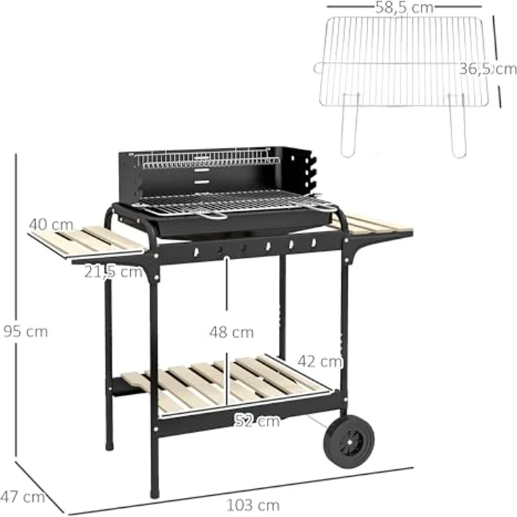 Outsunny Holzkohlegrill aus Metall BBQ Smoker mit Räder, höhenverstellbar Grillrost, Holzablage, 103x47x95 cm – Bild 5