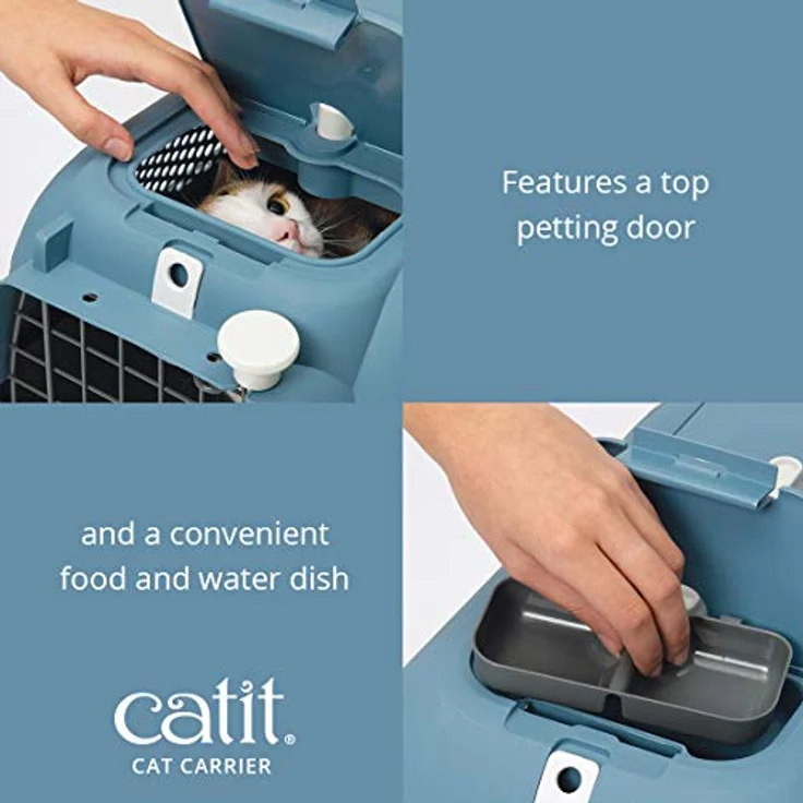 Catit Voyageur Transportbox, Tiertransportbox für Katzen mit Streichelklappe und Futternapf, blau-grau – Bild 5
