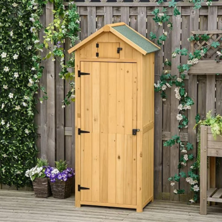 Outsunny Gartenschrank Gartenhaus Gerätehaus Geräteschuppen mit Fachböden Asphaltdach Fenster Holz Gelb+Grün 77 x 54,2 x 179 cm – Bild 2