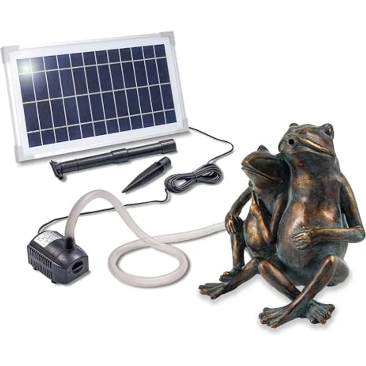 Esotec Solar Wasserspeier Set Frösche Paar, Teichfigur mit Solarpumpe, Brunnen und Vogeltränke, Hochwertiger Polyresin Wasserfallbrunnen, H=22cm, IP64 101657