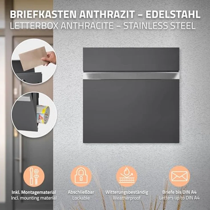 ECD Germany Standbriefkasten mit Zeitungsfach, pulverbeschichteter Stahl in Anthrazit, 120 cm hoch, Einwurföffnung 37x36,5 cm – Bild 2