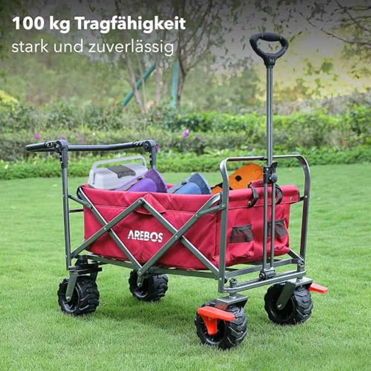 Arebos Bollerwagen faltbar, Transportkarre mit 2 Netztaschen, Vorderrad-Bremsen & Teleskopstange, bis 100 kg Tragkraft, rot – Bild 3