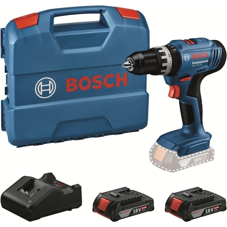 Bosch Akku-Schlagbohrschrauber GSB 18 V-25, 2,0Ah Akkus, Schlagbohrfunktion, kompatibel mit allen Bosch 18V Akkus, L-CASE
