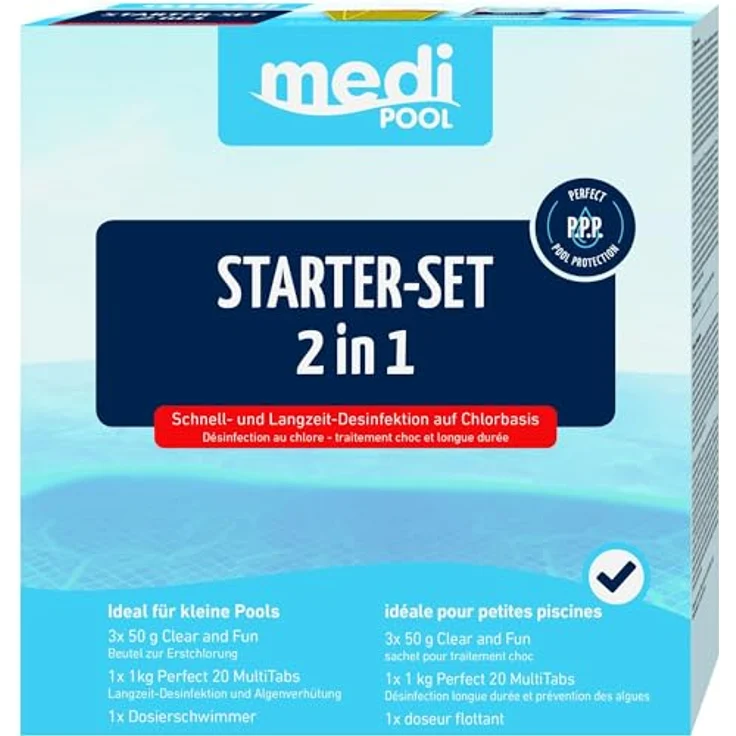 Chemoform mediPOOL Starter-Set 2in1, Pool-Zubehör mit Dosierschwimmer für kleine Pools, 3 x 50 g Clear and Fun, 1 kg Perfect 20 Multitabs – Bild 1