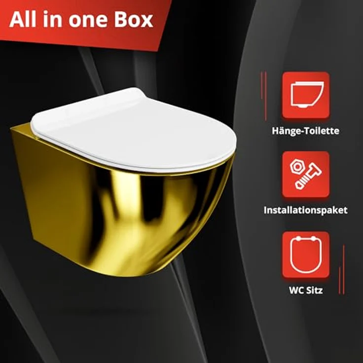 LAVITA Wand-WC Sofi Slim Gold/White | Hänge Toilette | WC Sitz | Toilettendeckel mit Absenkautomatik & Metallscharniere | Toiletten Spülrandlos Hängend | Toilettenbecken | 365x490x395 mm | Weiß/Gold – Bild 4