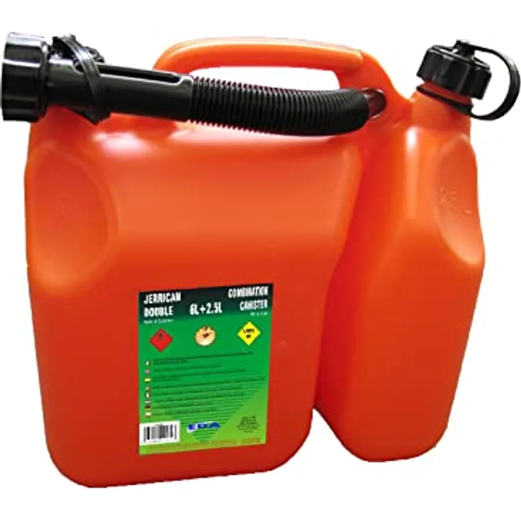 EDA - Benzinkanister mit doppeltem Fach – 6 l für Benzin + 2,5 l für Öl – mit starrem Ausgießer – zugelassen für Kraftstoff – 31,8 x 16,7 x 31,4 cm – Orange